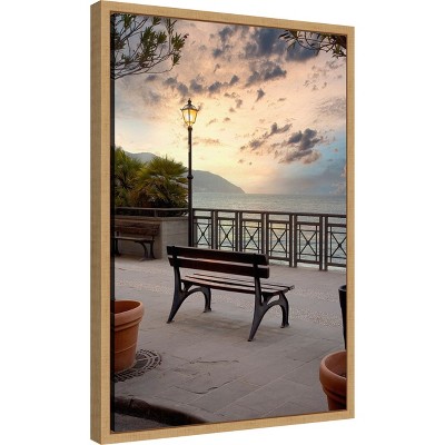 Amanti Art Monterosso Italy Bench at Sunrise by Alan Blaustein Canvas Wall Art Print Framed 16 x 23-in.