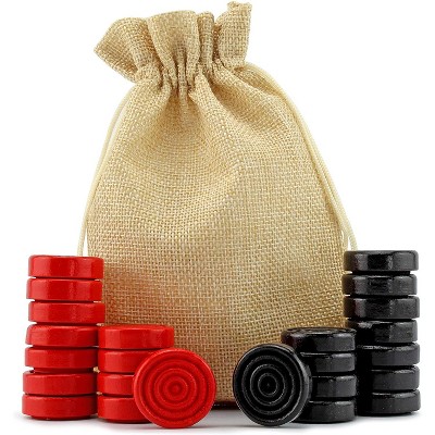 Attatoy Black & Red Stackable Wooden Checkers, 24pc Set; Travel Size w/ Drawstring Cloth Storage Bag
