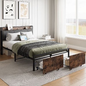 CAVINAS Twin Size Bed Frame, Metal Bed Frame with Storage Headboard & Charging Station, Noise Free - 1 of 4