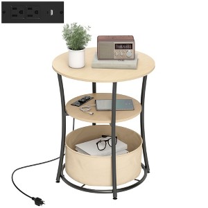 HOMCOM Side Table with Charging Station, 3-Tier Round End Table with Fabric Storage Bag, Shelf and Steel Frame for Living Room, Natural Wood - 1 of 4