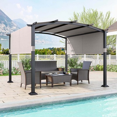 Costway 10' x 10' Outdoor Pergola with Retractable Sunshade Canopy Anchored Plates Patio Beige/Grey