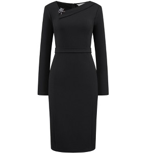 Hobemty Women's Asymmetrical Neckline Long Sleeve Wear to Work Sheath Dress - 1 of 4