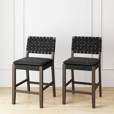 Black Faux Leather Woven Back Counter Height Stool