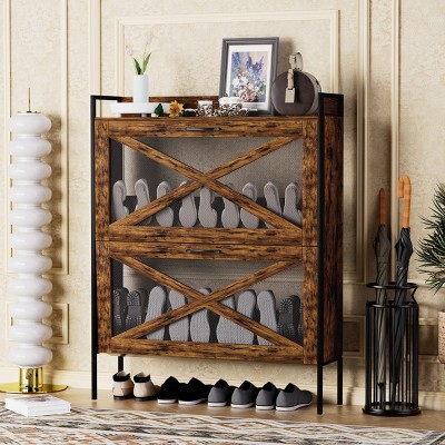 Shoe Cabinet with 2 Flip Drawers, Freestanding Shoe Organizer with Metal Legs, Farmhouse Slim Shoe Storage Cabinet for Foyer, Hallway, Rustic Brown