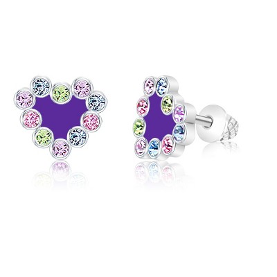 Heart Purple Enamel Crystal White Gold Palladium Plating Hypoallergenic Kids Stud Earrings Surgical Titanium Posts