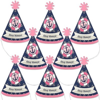 Big Dot of Happiness Ahoy - Nautical Girl - Mini Cone Baby Shower or Birthday Party Hats - Small Little Party Hats - Set of 8