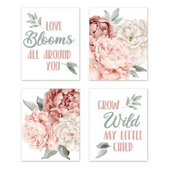 Sweet Jojo Designs Girl Unframed Wall Art Prints for Décor Peony Floral Garden Pink and Ivory 4pc