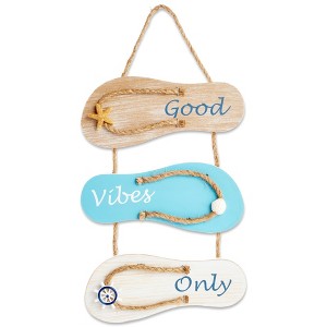 Juvale Wood Flip Flop Slippers Nautical Beach Hanging Wall Sign Home Decor, Good Vibes Only 9"x16" - 1 of 4