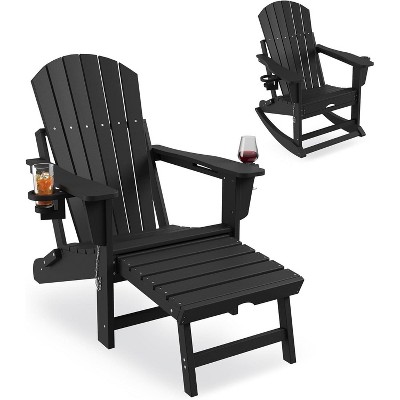 coucheta Adirondack Outdoor Rocking Chairs for Porch, Folding Rocker Chair With Two Cup Holders, HDPE All Weather Rocking Chair for Patio, Black