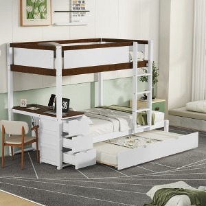 Merax Modern Twin-Over-Twin Bunk Bed with Built-In Desk, Trundle, Storage Drawers, and USB Ports - 1 of 4