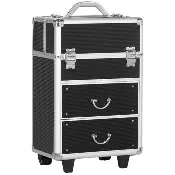 HOMCOM Rolling Makeup Train Case, Large Storage Cosmetic Trolley, Lockable Traveling Cart Trunk with Folding Trays, Swivel Wheels and Keys