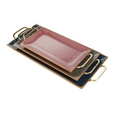 Multi Colored Enamel and Mango Wood Rectangular Tray Set