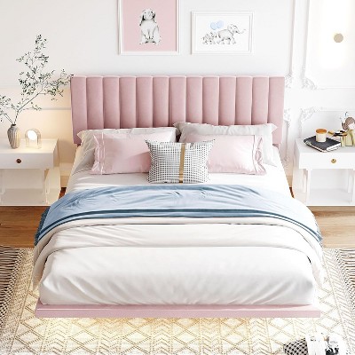 Modern Floating Bed Frame with LED Lights, Heavy Duty Metal Platform Bed with Tufted Headboard, Under Bed Storage, No Box Spring Needed, Full