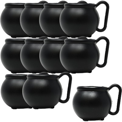 4E's Novelty Set of 12 Black Cauldron Mugs 12 oz, Halloween Cauldron Cups for Drinks Durable BPA-Free Plastic Halloween Mugs, Witch Mug Party Favors