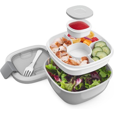 54 oz Bowl with 4-Compartment Toppings Tray, Leak-Proof Dressing Container, Reusable Fork, BPA-Free Lunch Box for Meal Prep