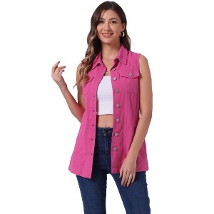INSPIRE CHIC Women's Sleeveless Casual Button-Down Side Pockets Long Jean Vests - 1 of 4