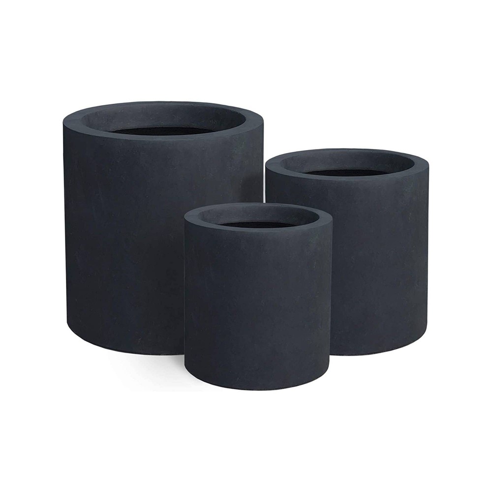 Photos - Flower Pot Set of 3 Modern Cylindrical Lightweight Concrete Outdoor Planters Charcoal