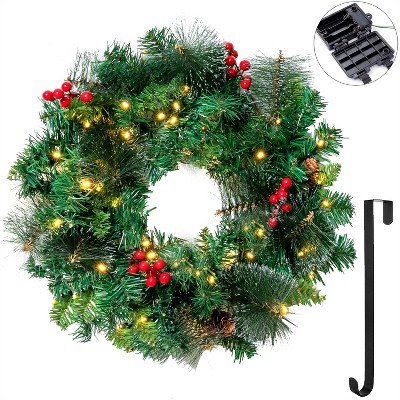 JOYFY 20’’ Artificial Christmas Wreath 50 LED Prelit with Hanger, Decorated with Red Berries, Pine Cones for Front Door Wall Christmas Decorations
