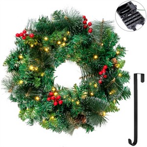 JOYFY 20’’ Artificial Christmas Wreath 50 LED Prelit with Hanger, Decorated with Red Berries, Pine Cones for Front Door Wall Christmas Decorations - 1 of 4
