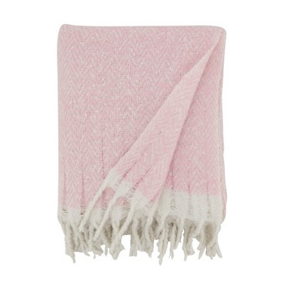Pink Faux Mohair Herringbone Fringed Throw Blanket