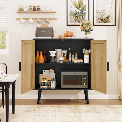 Natural and Black Rattan Storage Cabinet with Adjustable Shelf