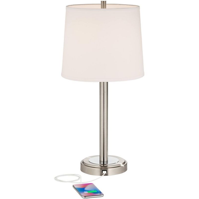 360 Lighting Camile Modern Table Lamps 25" High Set of 2 Brushed Nickel with USB Charging Port Off White Drum Shade for Living Room Office House Desk, 4 of 10