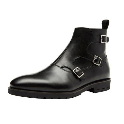 Santimon Men's Ankle Boots Genuine Leather Plain Toe Buckle Monk Strap Classic Chelsea Dress Cowboy Boots