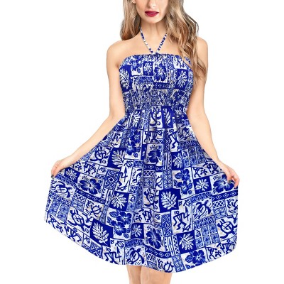 LA LEELA Women's Summer A line Slit Mini Beach Dress Boho Smocked Top Evening Short Strapless Tube Dresses for Women One Size Blue, Floral