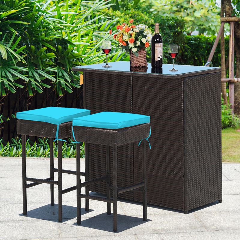 Costway 3PCS Patio Rattan Wicker Bar Table Stools Dining Set Cushioned Chairs Turquoise, 2 of 11