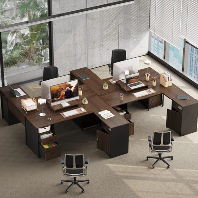 Gray L-Shaped Wood Gaming Desk with Drawers and Keyboard Tray