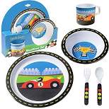 Bentology 5 Pc Mealtime Feeding Set for Kids and Toddlers - Racecar - Includes Plate, Bowl, Cup, Fork and Spoon Utensil Flatware