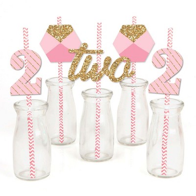 Big Dot of Happiness Two Much Fun Paper Straw Decor - Girl - 2nd Birthday Party Striped Decorative Straws - Set of 24