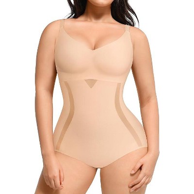 SHAPELLX Shapewear for Women Tummy Control Body Shaper Slimming Bodysuit V Neck Sculpting Snatched Body Suit Butt Lifter—Beige 38