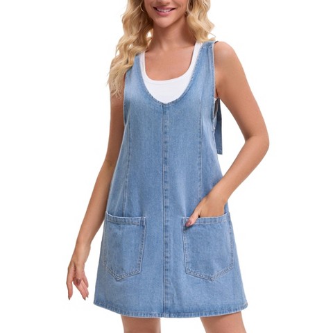 Женские платья INSPIRE CHIC Women's Denim Roller Romper Casual Sleeveless V Neck Mini Dresses X-Large Sky Blue