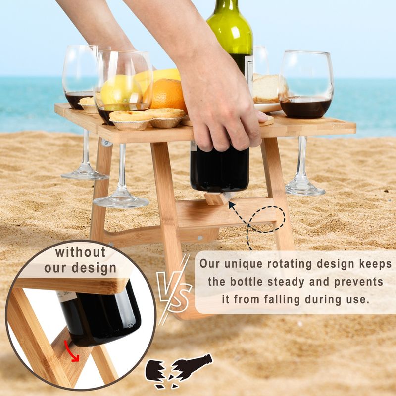 Tirrinia Bamboo Wine Picnic Table, Ideal Wine Lover Gift, Large Folding Portable Outdoor Snack & Cheese Tray for Concerts at Park, Beach, 3 of 10