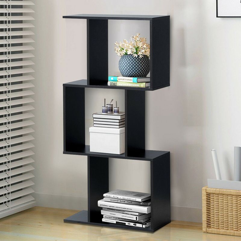 Costway 3-tier S-Shaped Bookcase Free Standing Storage Rack Wooden Display Decor Black, 4 of 11