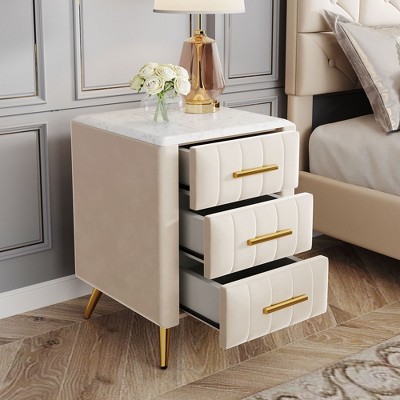 Upholstered Wooden Nightstand, Bedside Table with 3 Drawers and Metal Legs&Handles-ModernLuxe