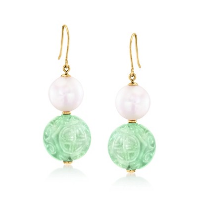Ross-Simons Carved Jade and 10-11mm Cultured Pearl Drop Earrings in 14kt Yellow Gold