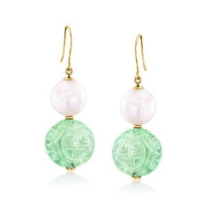 Ross-Simons Carved Jade and 10-11mm Cultured Pearl Drop Earrings in 14kt Yellow Gold - 1 of 3