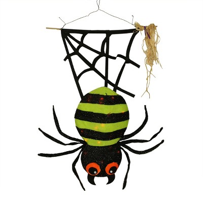 Northlight 31" Prelit LED Striped Tinsel Hanging Spider Halloween Decoration - Lime Green/Black