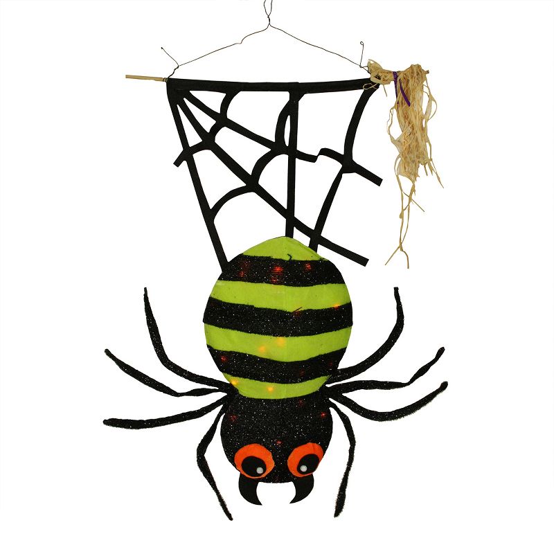 Northlight 31" Prelit LED Striped Tinsel Hanging Spider Halloween Decoration - Lime Green/Black, 1 of 2