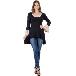 Womens Black and Beige Bell Sleeve Hi Low Tunic Top - 24seven Comfort Apparel™ - 1 of 4