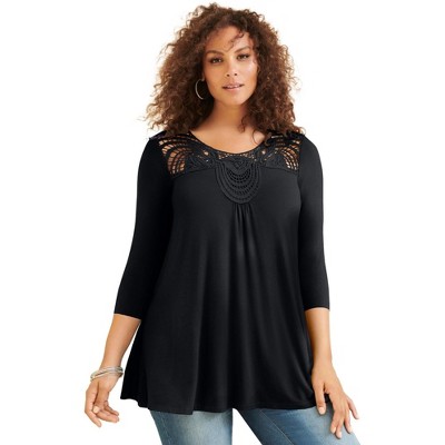 Roaman's Women's Plus Size Lace Embellished Swing Ultra Femme Top