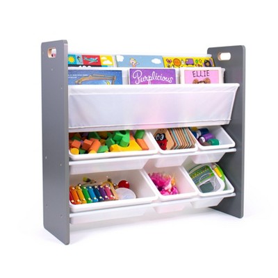 Gray and White 4-Tier Kids' Storage Organizer with Bookrack