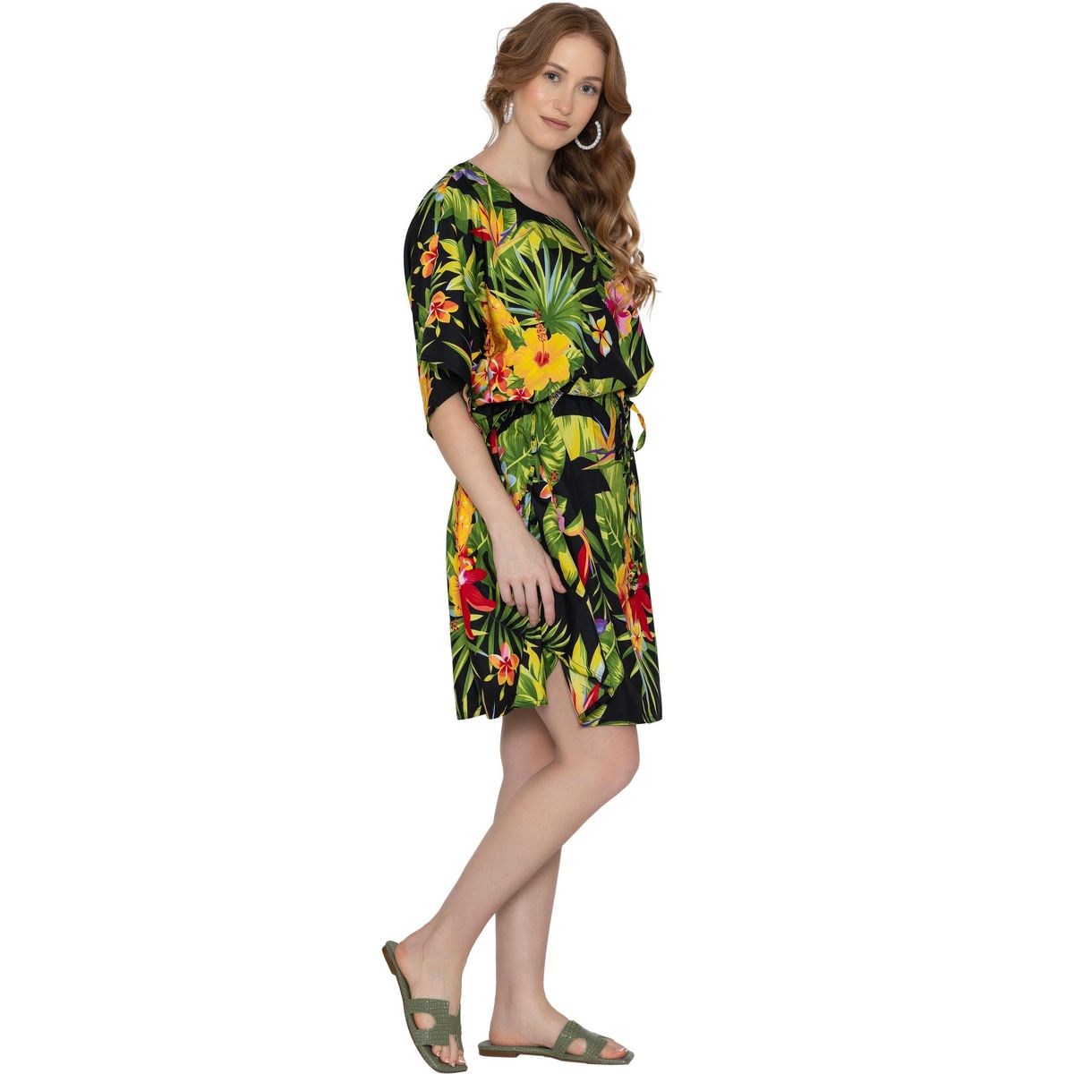 LA LEELA Summer Rayon Blend Women Vacation Cover Up Dress Holiday Resortwear Cruise Pregnancy Wear Comfortable Style 2X-3X Black Leaf - thumbnail 4
