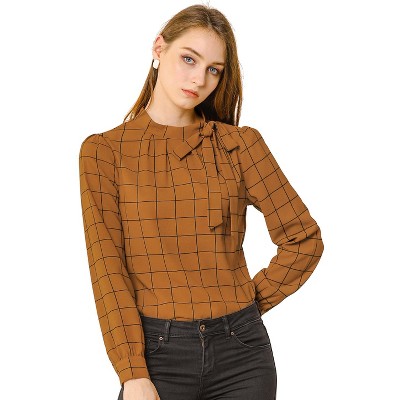 Allegra K Women's Bow Tie Neck Grid Checks Office Work Blouses