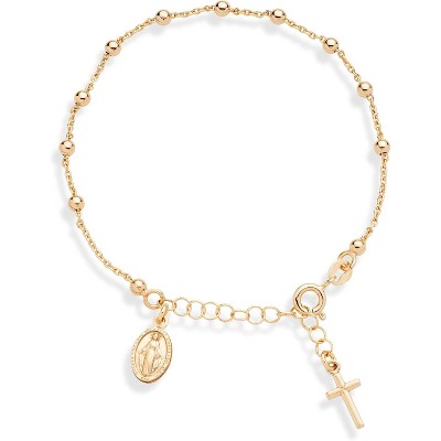 14K Gold Over Sterling Silver Italian Rosary Cross Bead Charm Link Chain Bracelet for Women, Adjustable, 925 Made in Italy