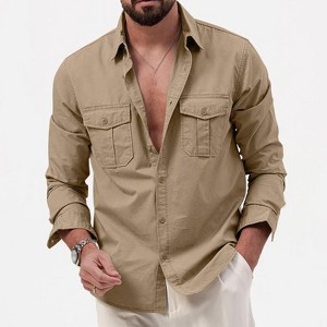 Men's Casual Long Sleeve Shirt with Multiple Pockets Relaxed Fit Comfortable Utility Pocket Polyester Top - 1 of 3