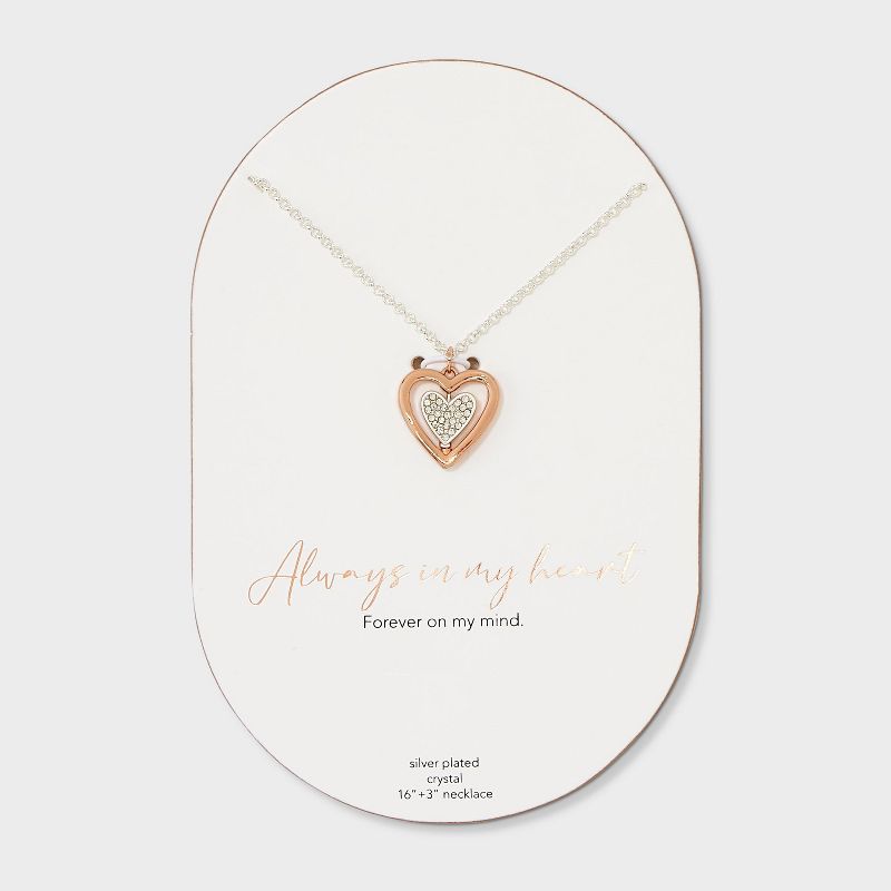 Silver Plated Two Tone &#34;Always in my Heart&#34; Crystal Open Heart Necklace - Silver, 1 of 5