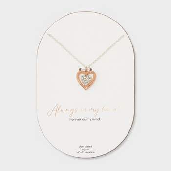Silver Plated Two Tone "Always in my Heart" Crystal Open Heart Necklace - Silver